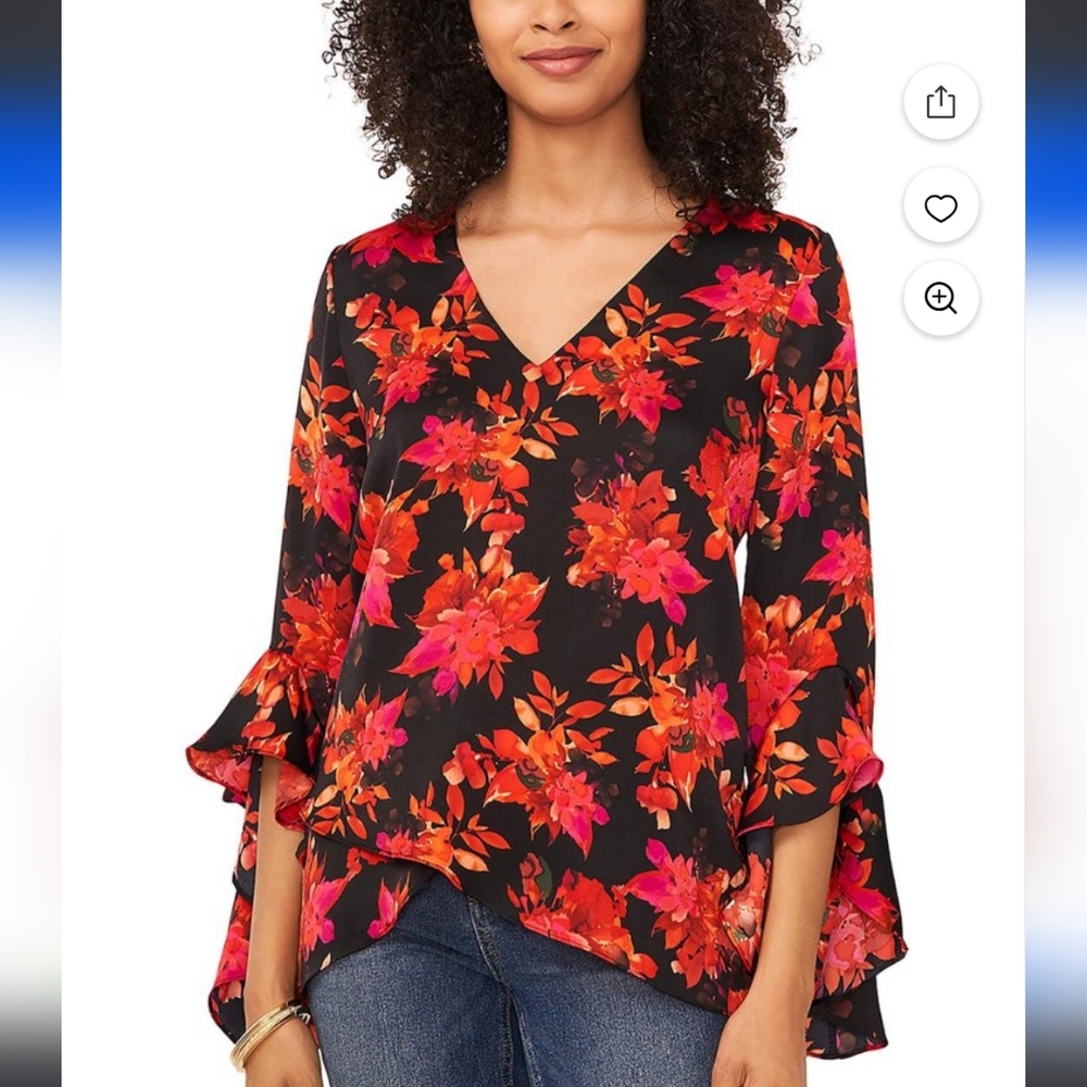 Vince Camuto Red Black Floral Ruffled Bell Sleeve Blouse XS New